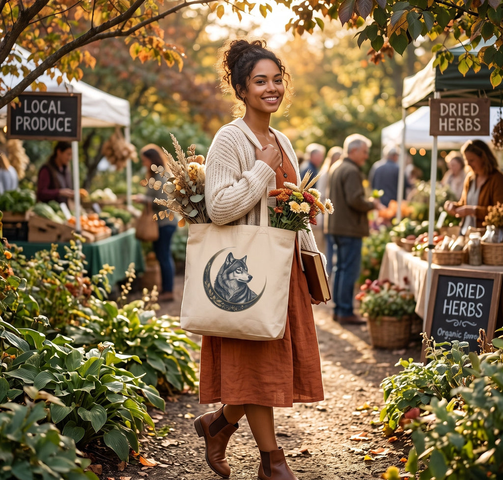 Mystic Wolf & Crescent Moon Canvas Tote Bag