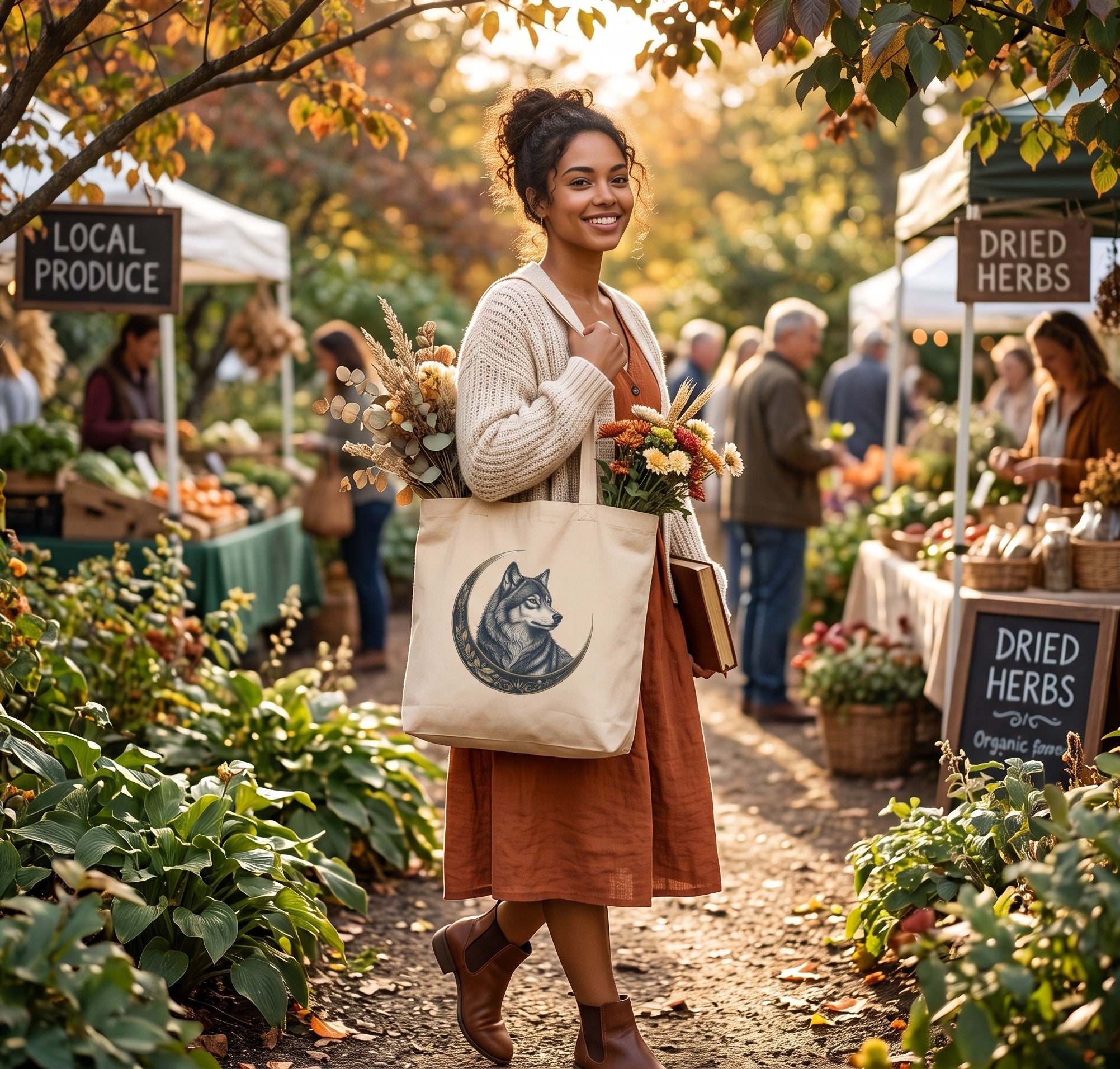 Mystic Wolf & Crescent Moon Canvas Tote Bag