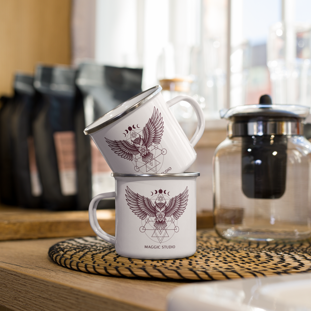 Mystic Owl & Sacred Geometry Enamel Campfire Mug | Celestial Autumn Collection