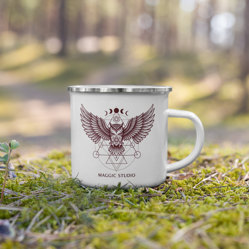 Mystic Owl & Sacred Geometry Enamel Campfire Mug | Celestial Autumn Collection