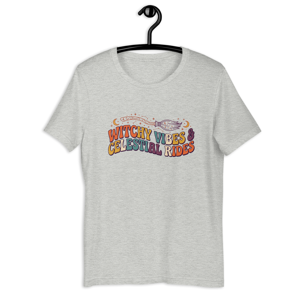 Witchy Vibes & Celestial Rides Graphic Tee - Retro Broomstick Mystic Halloween T-Shirt