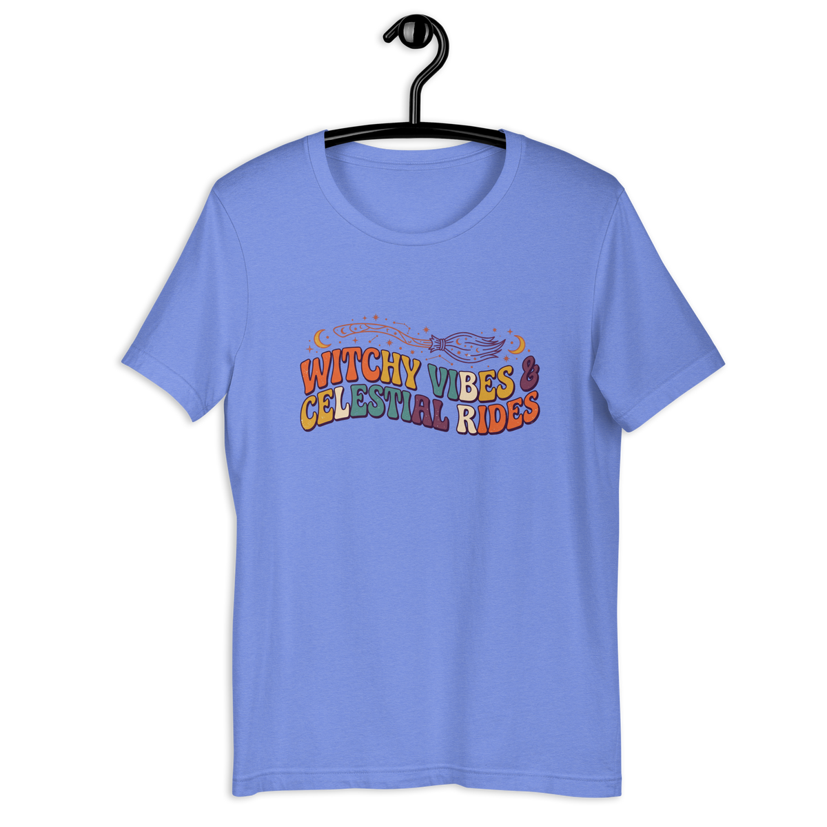 Witchy Vibes & Celestial Rides Graphic Tee - Retro Broomstick Mystic Halloween T-Shirt