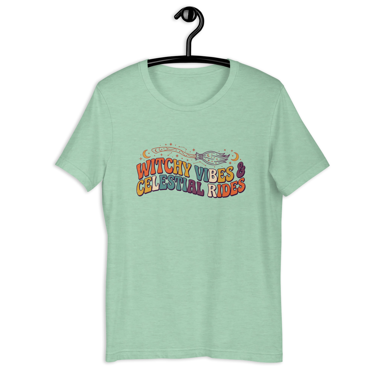 Witchy Vibes & Celestial Rides Graphic Tee - Retro Broomstick Mystic Halloween T-Shirt