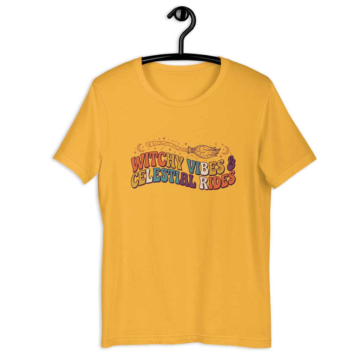 Witchy Vibes & Celestial Rides Graphic Tee - Retro Broomstick Mystic Halloween T-Shirt