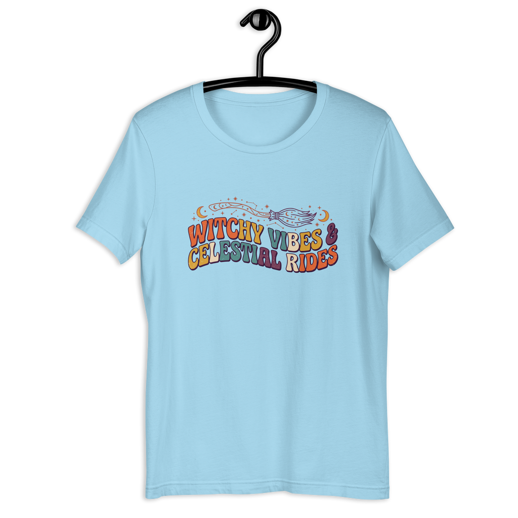 Witchy Vibes & Celestial Rides Graphic Tee - Retro Broomstick Mystic Halloween T-Shirt