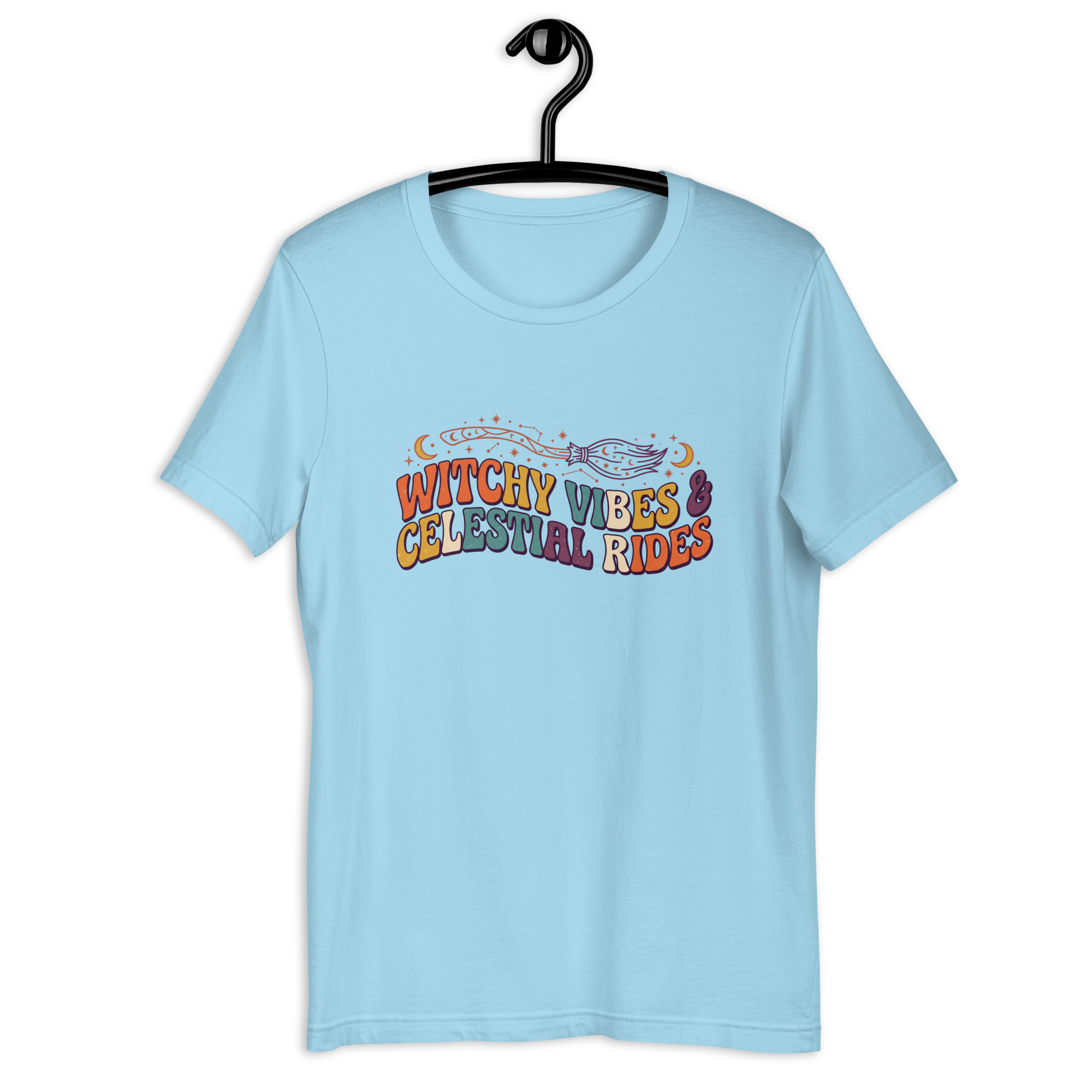 Witchy Vibes & Celestial Rides Graphic Tee - Retro Broomstick Mystic Halloween T-Shirt