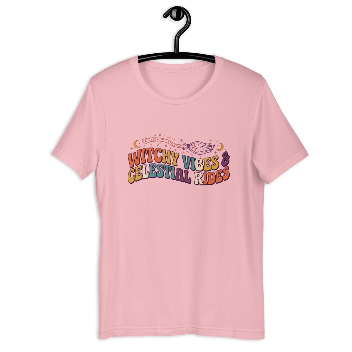 Witchy Vibes & Celestial Rides Graphic Tee - Retro Broomstick Mystic Halloween T-Shirt
