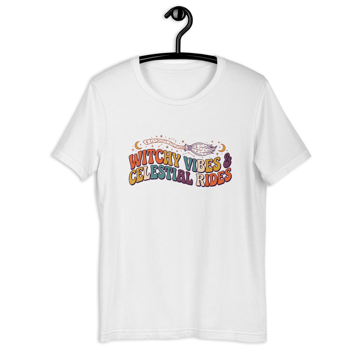 Witchy Vibes & Celestial Rides Graphic Tee - Retro Broomstick Mystic Halloween T-Shirt